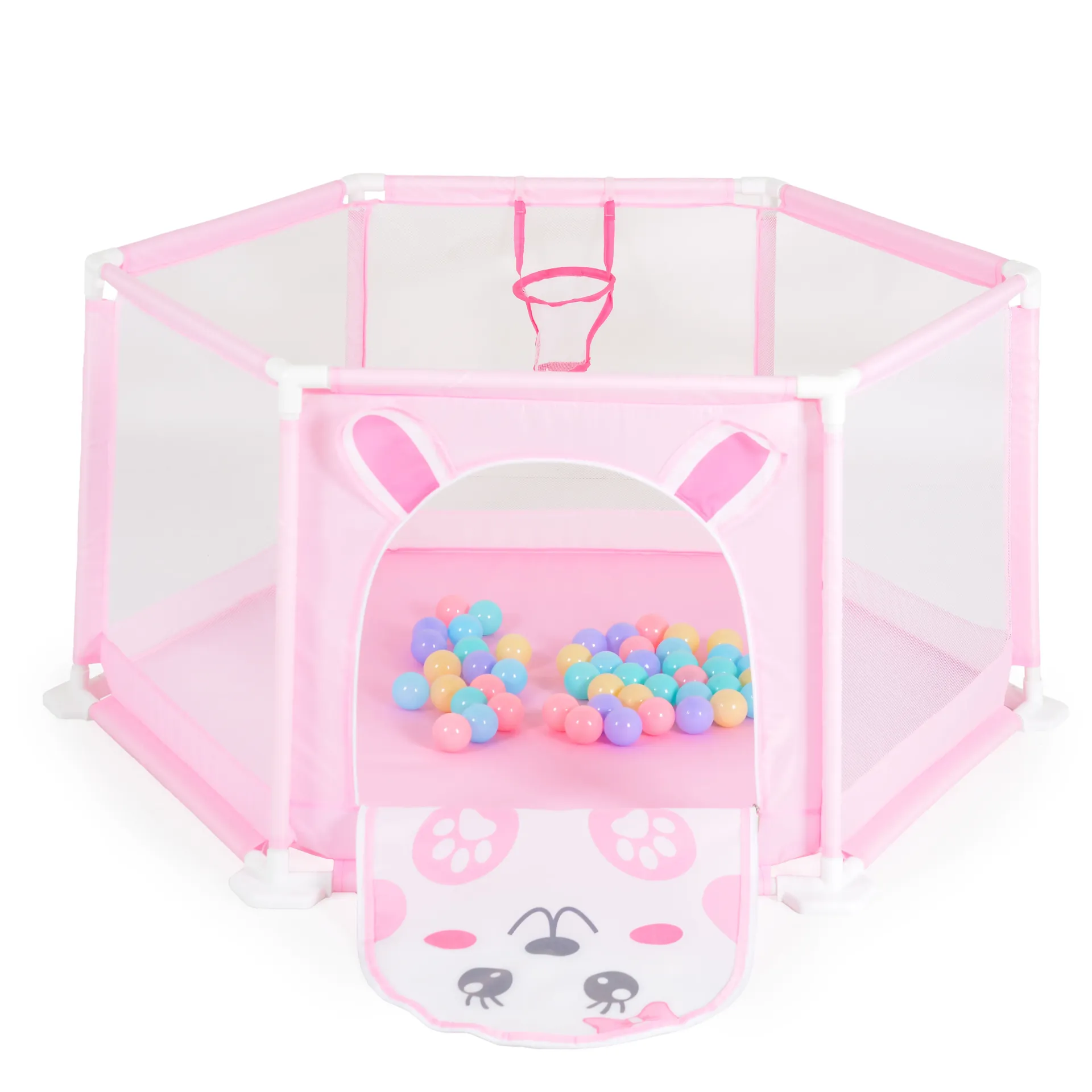 [3801005601806] Aire de Jeux Bébé avec 50 Balles Colorées et Panier de Basket Intégré Rose