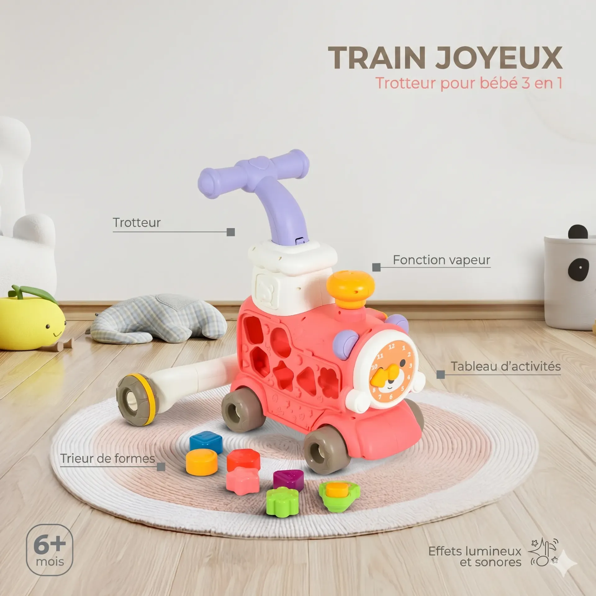 [3801005602438] Jouet d'Éveil 3 en 1 : Happy Train Trotteur rose