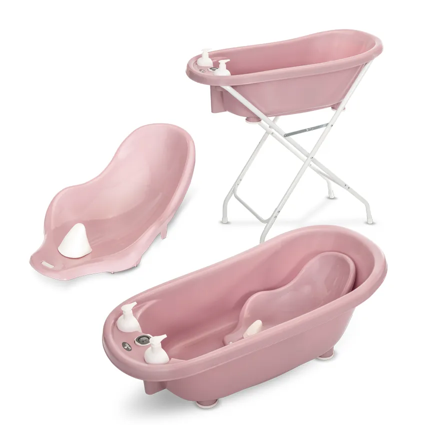 [10130820006] Kit Bain Bébé Complet : Baignoire 88 cm Rose Poudré + Transat & Thermomètre