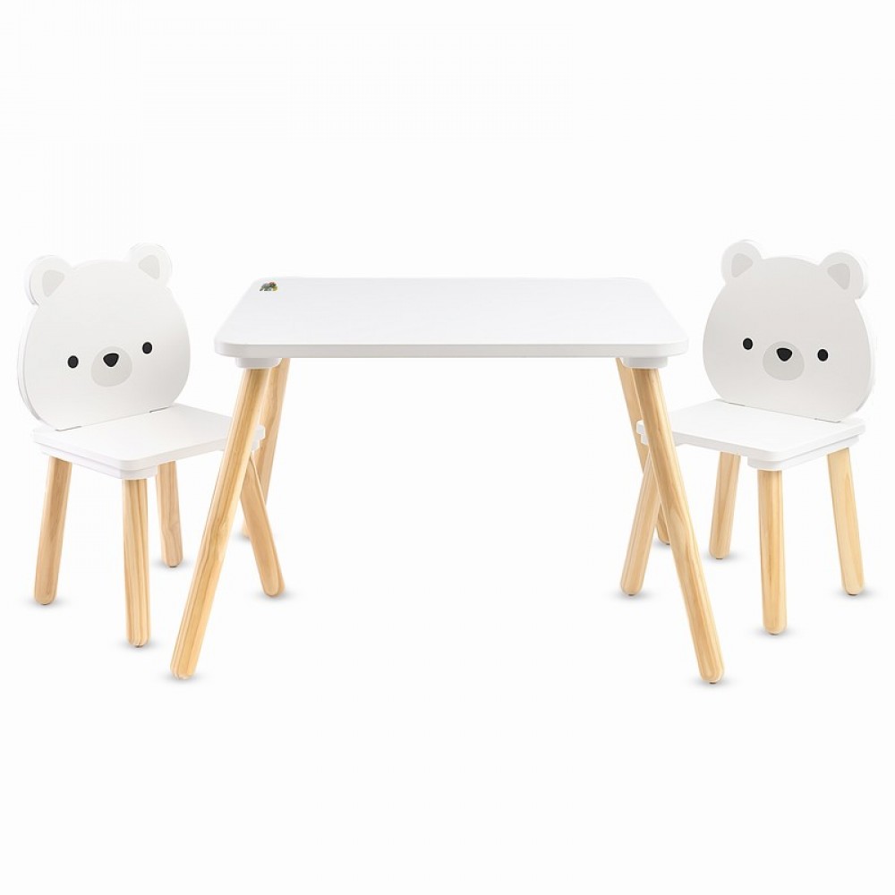 [3801005602001] Ensemble Table et 2 Chaises Enfant en Bois – Design "Ours Blanc"